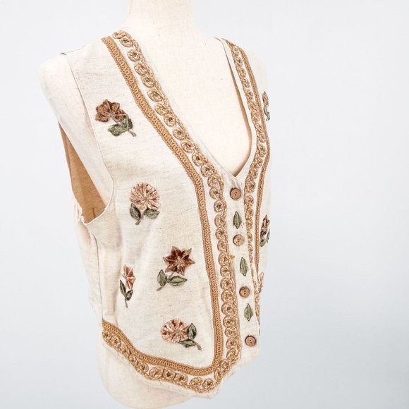 American Vintage Tops - Vintage Natural Boho Button Up Floral Tie Back Vest - PM